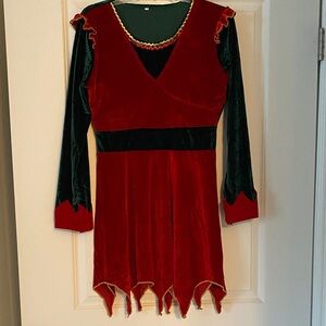 Women’s Christmas Elf Dress Costume Includes Dress, Hat, Socks and Pin